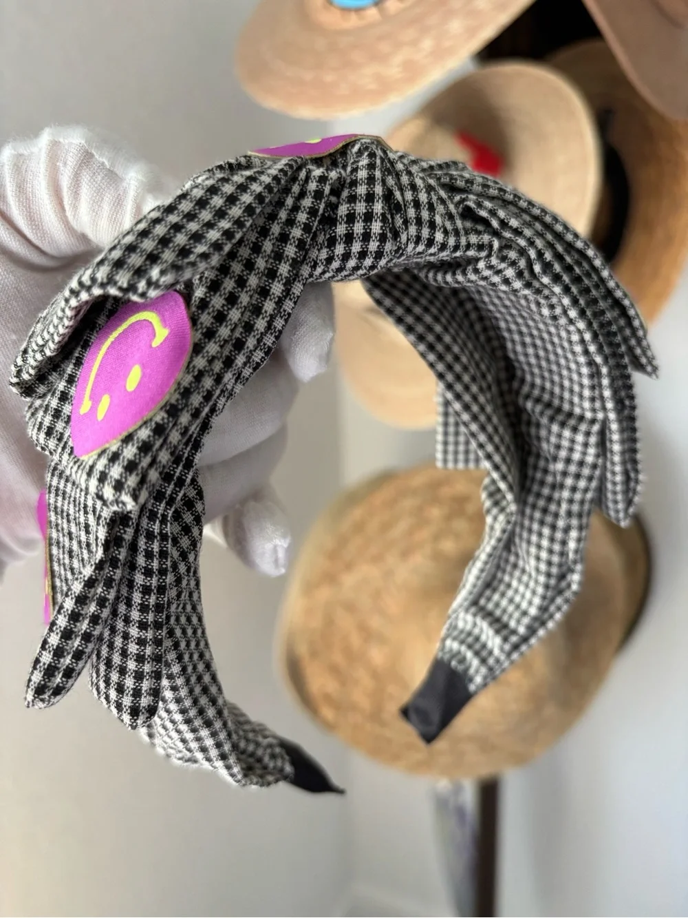 🖤😊 Gingham Bow Headband Purple Smiley Faces Cute Preppy Coquette NWT